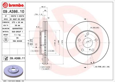 Тормозной диск BREMBO 09.A386.11 для TOYOTA NOAH/VOXY