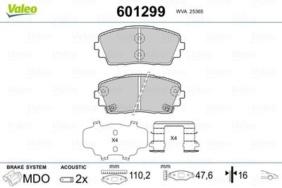 Комплект тормозных колодок, дисковый тормоз VALEO 601299 для KIA PICANTO