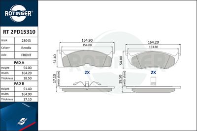 комплект спирачно феродо, дискови спирачки ROTINGER RT 2PD15310