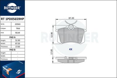 Zestaw klocków hamulcowych, hamulce tarczowe ROTINGER RT1PD05659HP