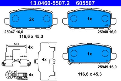 Комплект тормозных колодок, дисковый тормоз ATE 13.0460-5507.2 для HONDA HR-V