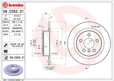 Тормозной диск BREMBO 08.C352.21 для BMW i3