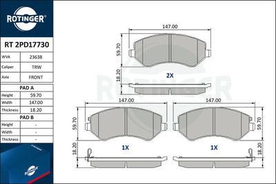 комплект спирачно феродо, дискови спирачки ROTINGER RT 2PD17730