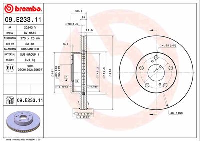 Тормозной диск BREMBO 09.E233.11 для TOYOTA TACOMA