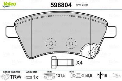 Комплект тормозных колодок, дисковый тормоз VALEO 598804 для FIAT SEDICI