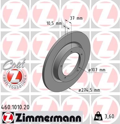 Тормозной диск ZIMMERMANN 460.1010.20 для PORSCHE 356