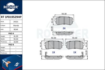 комплект спирачно феродо, дискови спирачки ROTINGER RT 1PD19529HP