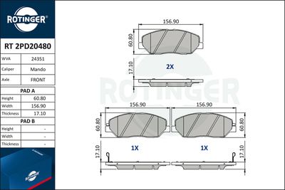 Zestaw klocków hamulcowych, hamulce tarczowe ROTINGER RT 2PD20480