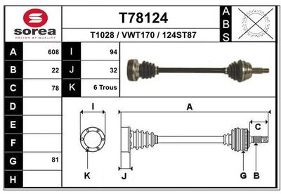 EAI T78124 Полуось в сборе для VW JETTA II (19E, 1G2, 165)