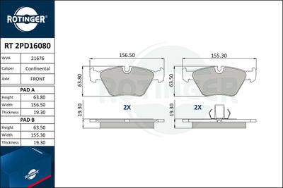 комплект спирачно феродо, дискови спирачки ROTINGER RT 2PD16080