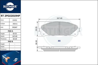 комплект спирачно феродо, дискови спирачки ROTINGER RT 2PD22019HP