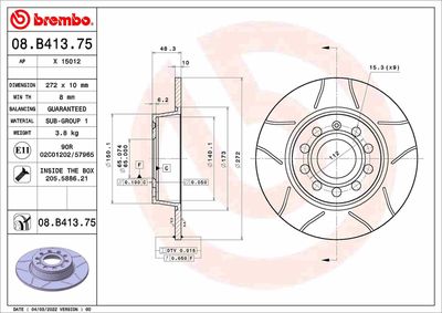 Тормозной диск BREMBO 08.B413.75 для SKODA KAROQ