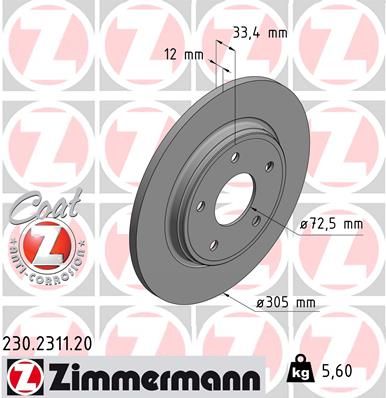 ZIMMERMANN 230.2311.20 Тормозные диски  для DODGE  (Додж Жоурне)