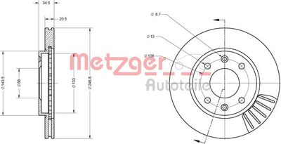 Тормозной диск METZGER 6110173 для PEUGEOT 206+