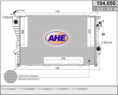AHE 104.050 Радиатор охлаждения двигателя  для BMW 5 (E39) 525 tds