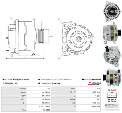 GENERATOR / ALTERNATOR AS-PL A5137MITSUBISHI 4