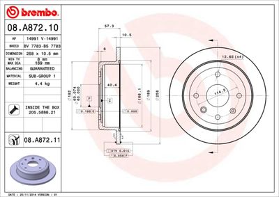 Тормозной диск BREMBO 08.A872.11 для DAEWOO GENTRA