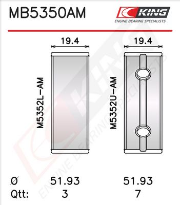 Комплект черупки на лагера на коляновия вал KING MB5350AM0.25