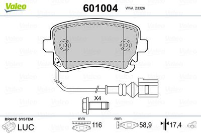 Комплект тормозных колодок, дисковый тормоз VALEO 601004 для BENTLEY CONTINENTAL