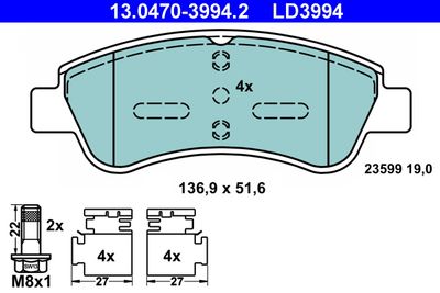 Комплект тормозных колодок, дисковый тормоз ATE 13.0470-3994.2 для CITROËN C-ELYSEE