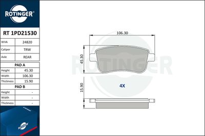 Zestaw klocków hamulcowych, hamulce tarczowe ROTINGER RT 1PD21530