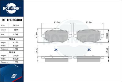 комплект спирачно феродо, дискови спирачки ROTINGER RT 1PD36400