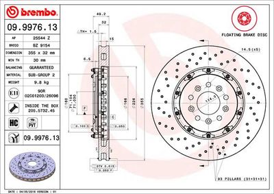 Тормозной диск BREMBO 09.9976.13 для FORD GT
