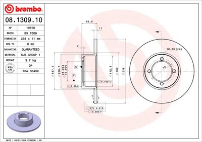 Тормозной диск BREMBO 08.1309.10 для OPEL GT