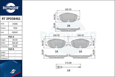 комплект спирачно феродо, дискови спирачки ROTINGER RT 2PD38461