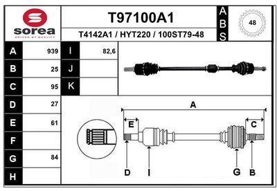 EAI T97100A1 Полуось в сборе  для HYUNDAI i20 I (PB, PBT) 1.4 CRDi