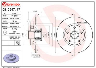 Тормозной диск BREMBO 08.C647.17 для NISSAN NV300