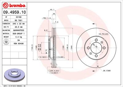 Тормозной диск BREMBO 09.4959.10 для ROVER 100