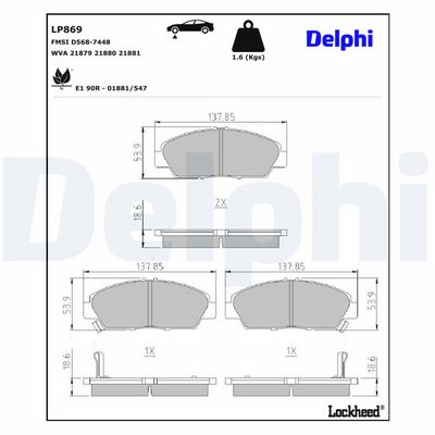 DELPHI Комплект тормозных колодок, дисковый тормоз