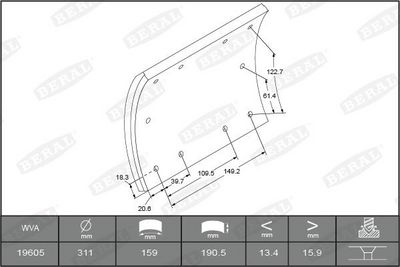 Brake shoe lining Achter (311x190. 1-overmaat) past: MERITOR TM