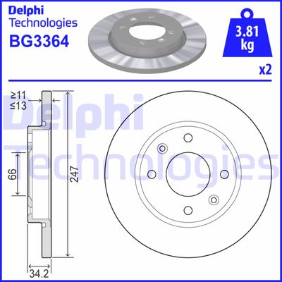 Тормозной диск DELPHI BG3364 для PEUGEOT 206+