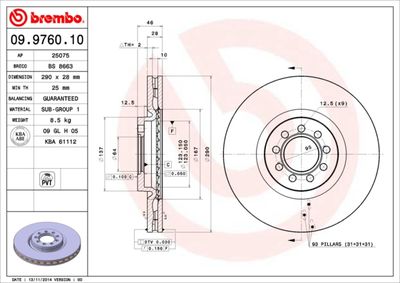 Тормозной диск BREMBO 09.9760.10 для IVECO DAILY