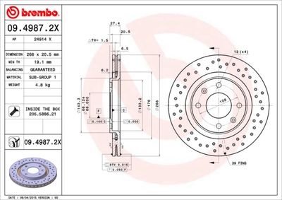 Тормозной диск BREMBO 09.4987.2X для PEUGEOT 305