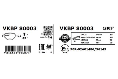 Комплект тормозных колодок, дисковый тормоз VKBP 80003
