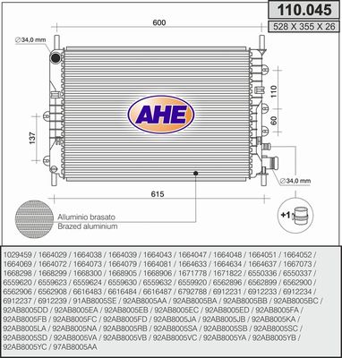 Радиатор, охлаждение двигателя AHE 110.045 для FORD ORION