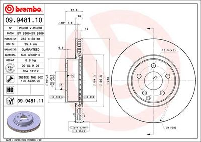 Тормозной диск BREMBO 09.9481.11 для MERCEDES-BENZ CLS