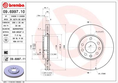 Тормозной диск BREMBO 09.6997.10 для OPEL SPEEDSTER