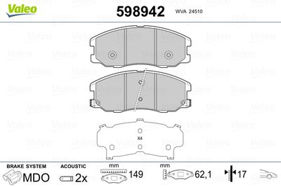 Комплект тормозных колодок, дисковый тормоз VALEO 598942 для OPEL ANTARA