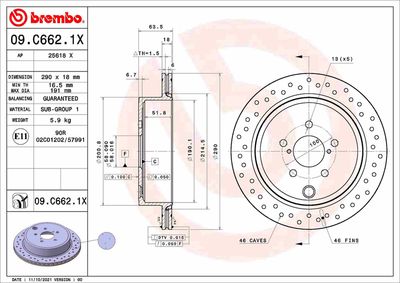 BREMBO 09.C662.1X Тормозные диски  для SUBARU OUTBACK (Субару Оутбакk)