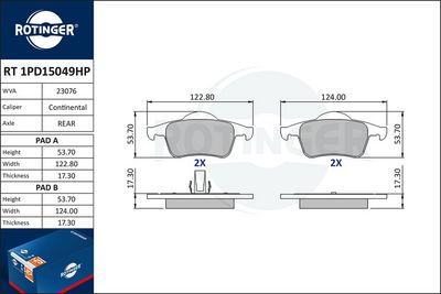 комплект спирачно феродо, дискови спирачки ROTINGER RT 1PD15049HP