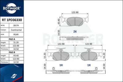 комплект спирачно феродо, дискови спирачки ROTINGER RT 1PD36330