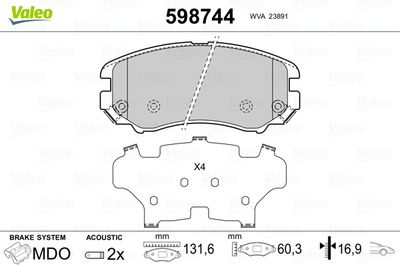 Комплект тормозных колодок, дисковый тормоз VALEO 598744 для HYUNDAI ix20