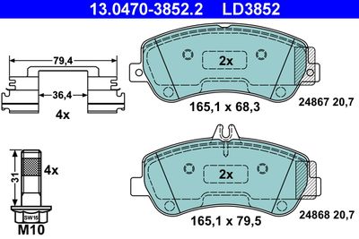 Комплект тормозных колодок, дисковый тормоз ATE 13.0470-3852.2 для MERCEDES-BENZ GLK-CLASS