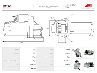 Starter AUTOSTARTER S2065 for VW, HITACHI