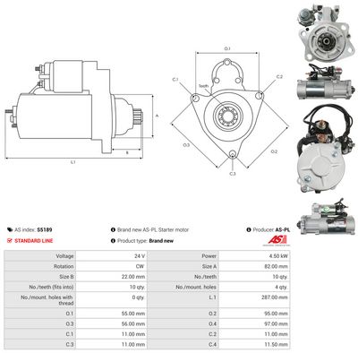 Startmotor AS-PL S5189 för MITSUBISHI, CATERPILLAR