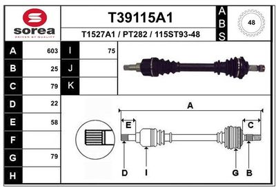 EAI T39115A1 Полуось в сборе  для PEUGEOT 206 Наклонная задняя часть (2A/C) 1.6 16V